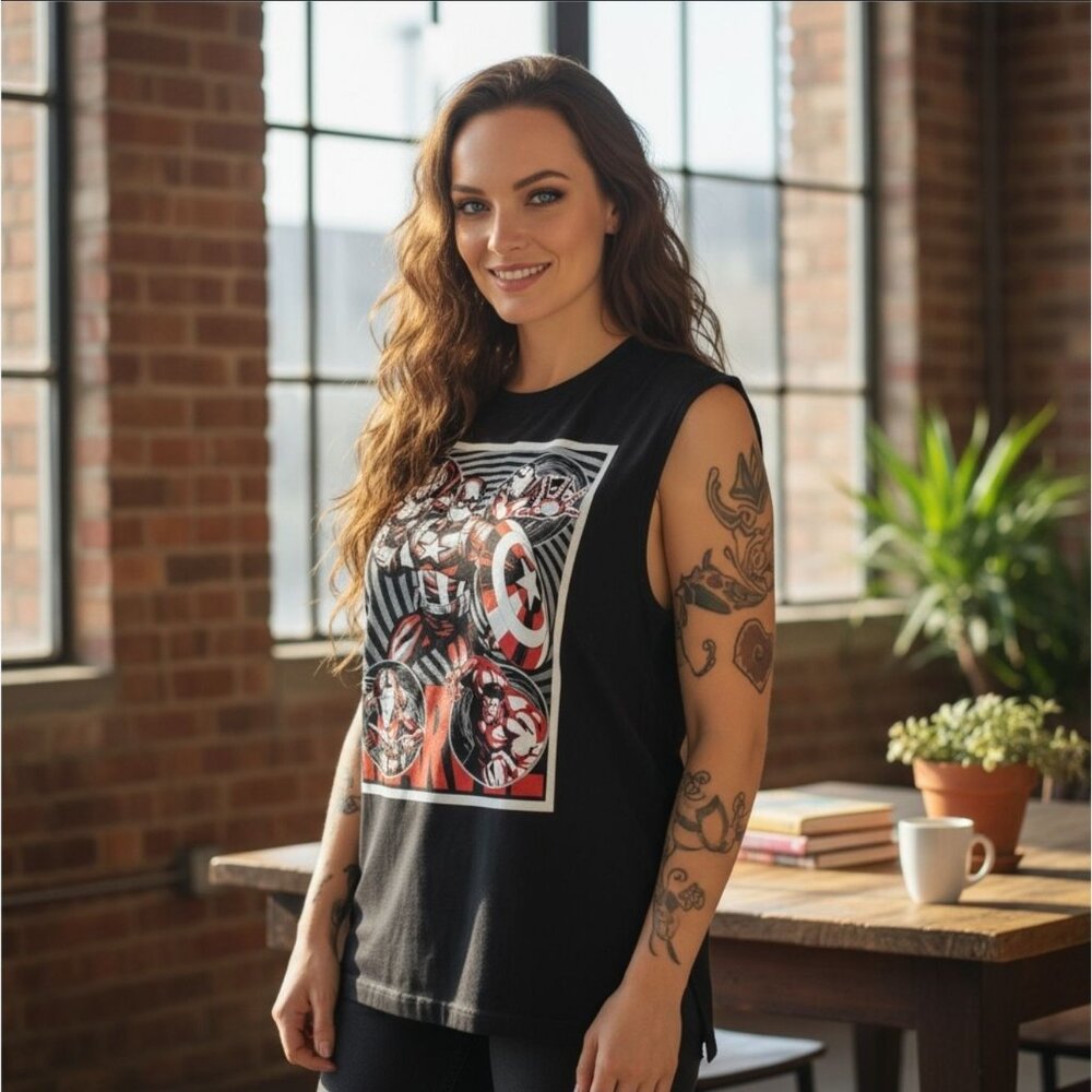 MARVEL ✦ Avengers Sleeveless Graphic Tee ✦ Black Red White Hero Design Unisex M